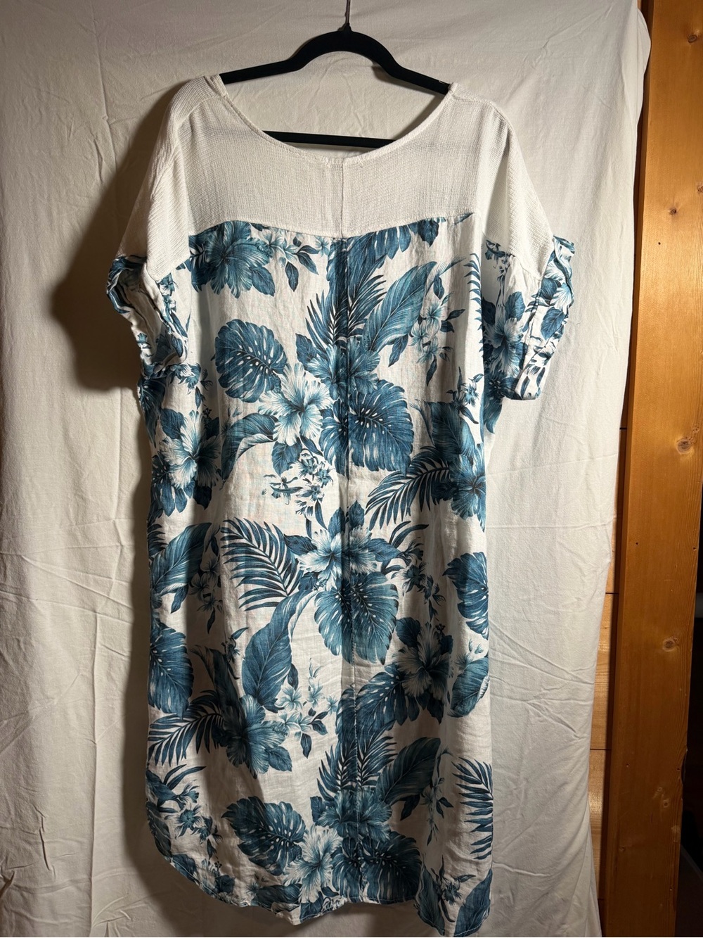 White Midi Dress with Blue Floral Print 100% Linen high quality - Picture 8 of 9